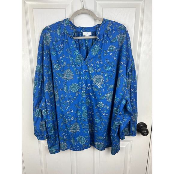 J Jill Popover Blue Floral Paisley Balloon Sleeve Blouse Plus Size 3X/4X Cotton - Picture 7 of 8